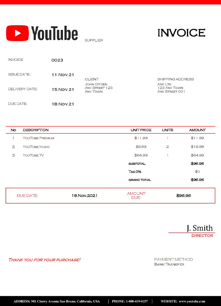 USA Youtube invoice template PSD template